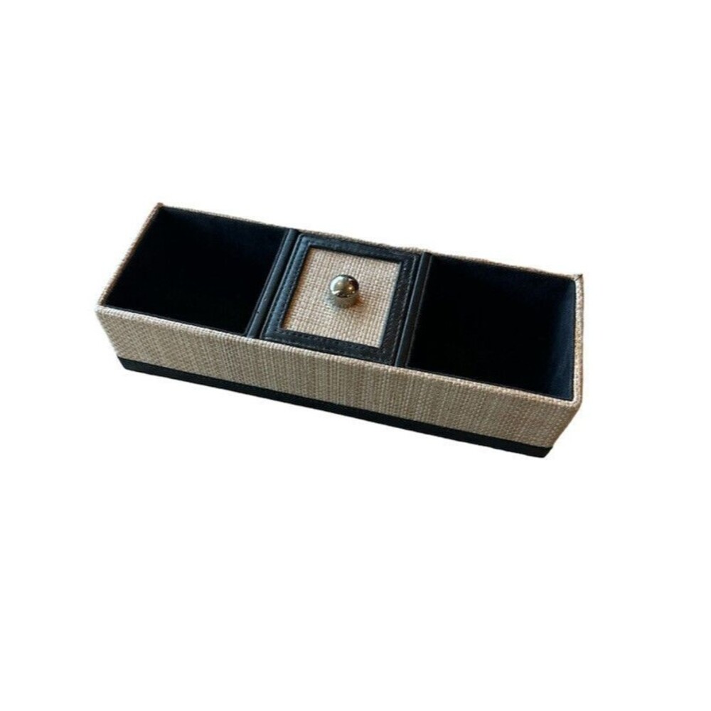 3 Compartment Woven Trinket Box Faux Leather Trim Velour Lined